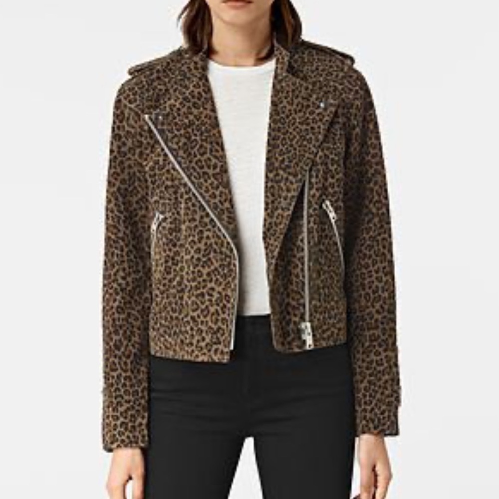 All Saints Harnett Brown Leopard Print Suede Leather Biker Jacket US 4 like new